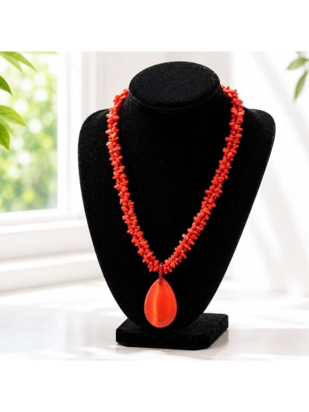 Red Coral Bead Necklace With Teardrop Pendant & Toggle Clasp 18-Inch Length